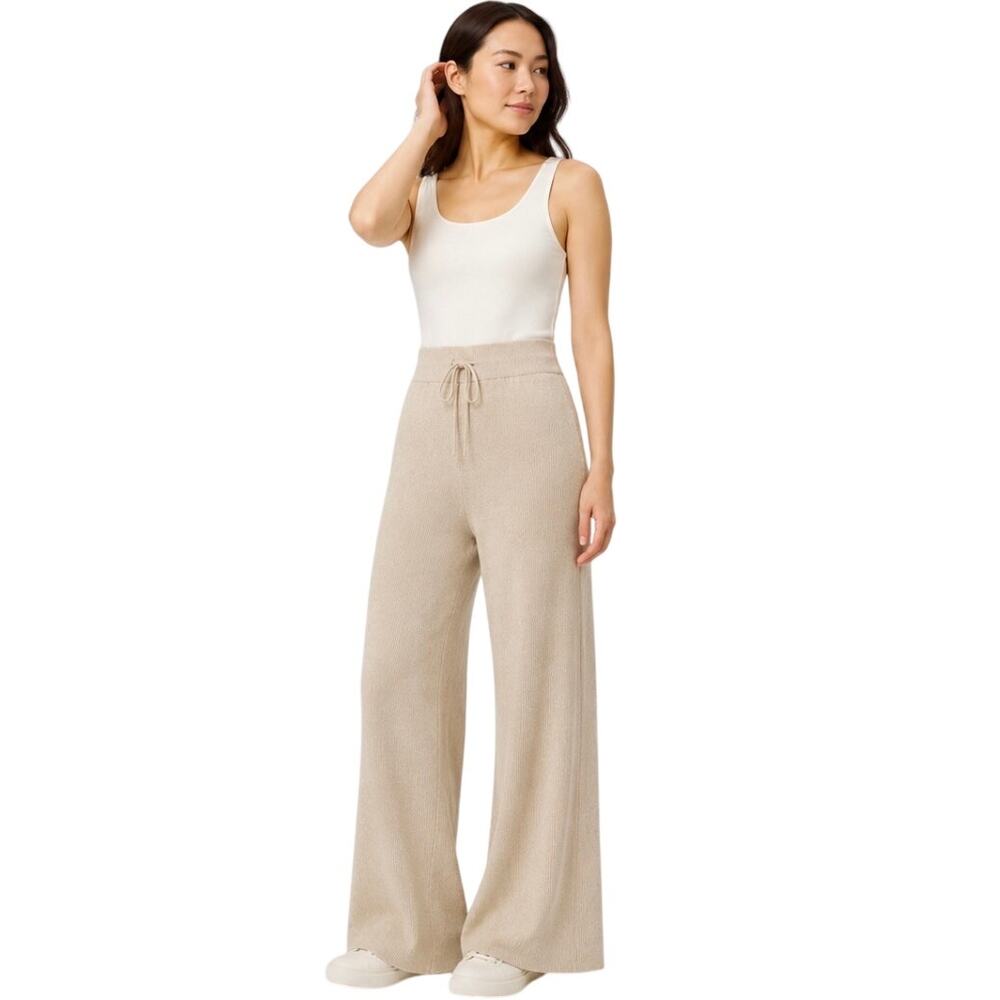 Uniqlo Ribbed Knit Wide Leg Drawstring Pants, Oatmeal Beige, Women's XL